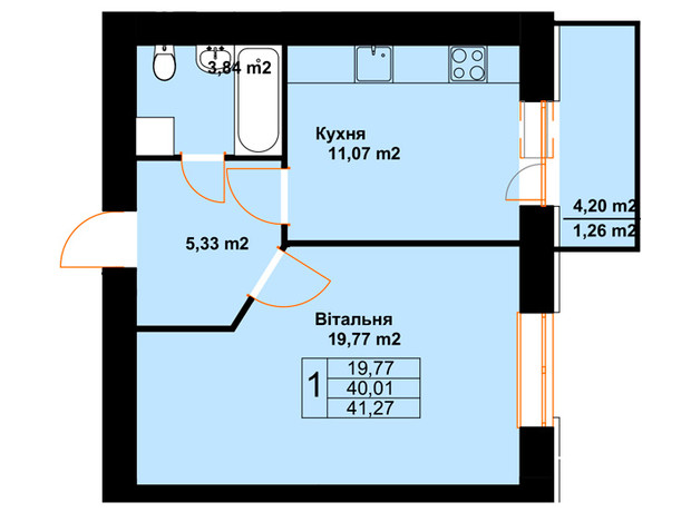 ЖК Баварія: планування 1-кімнатної квартири 41.27 м²