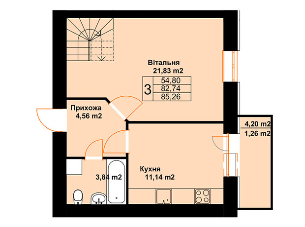 ЖК Бавария: планировка 3-комнатной квартиры 85.26 м²