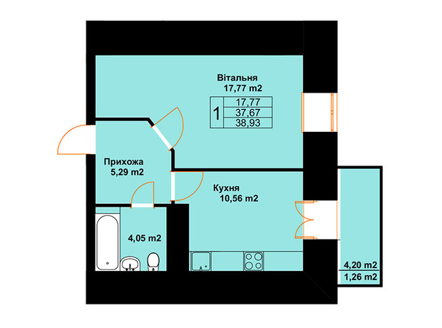 ЖК Бавария: планировка 1-комнатной квартиры 38.93 м²