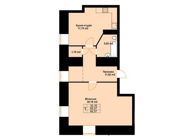 ЖК Бавария: планировка 1-комнатной квартиры 66.57 м²