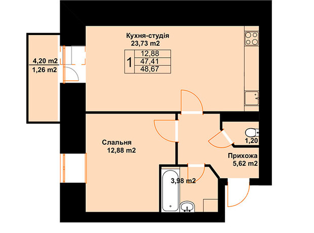 ЖК Баварія: планування 1-кімнатної квартири 48.67 м²