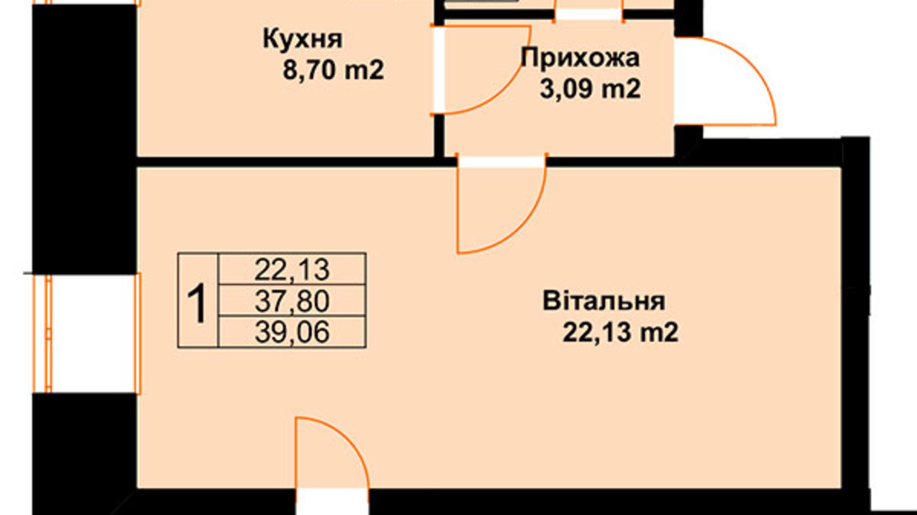 Планування 1-кімнатної квартири в ЖК Баварія 39.06 м², фото 609584