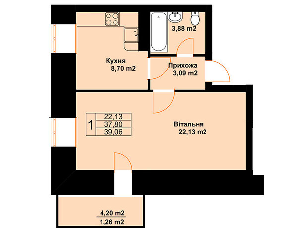 ЖК Баварія: планування 1-кімнатної квартири 39.06 м²