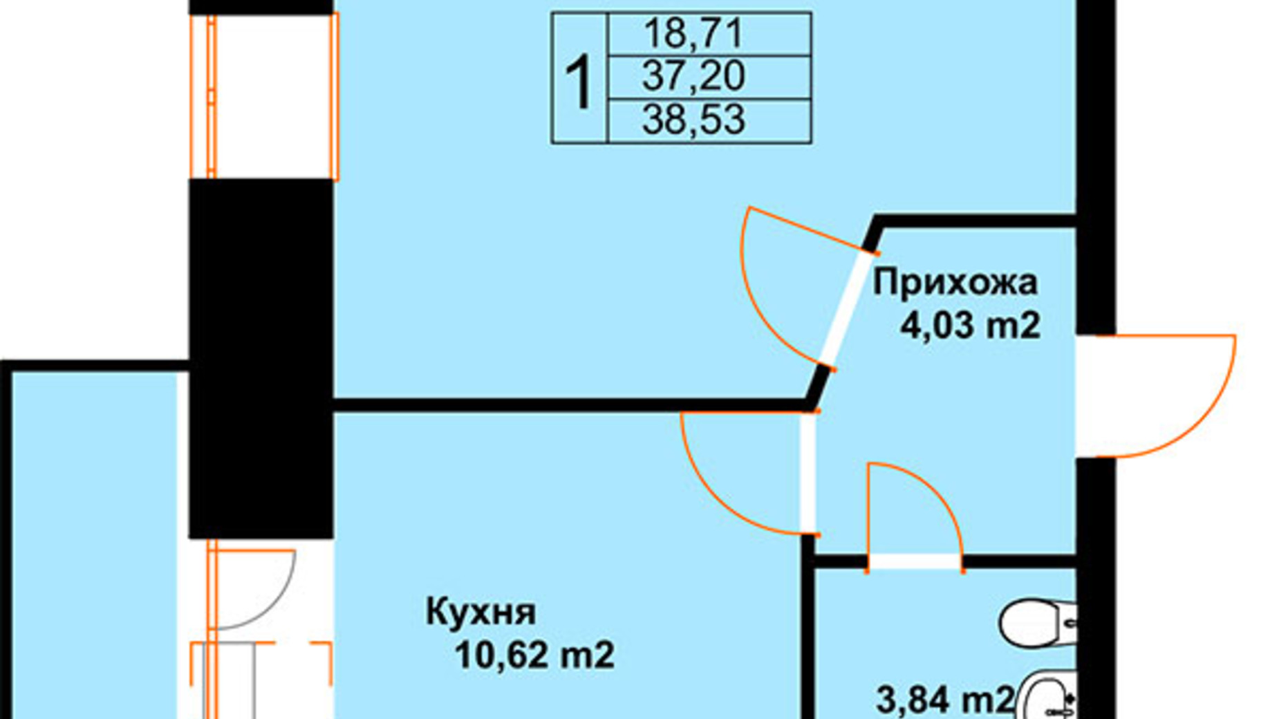 Планировка 1-комнатной квартиры в ЖК Бавария 38.53 м², фото 609585