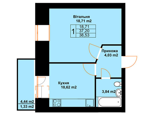 ЖК Баварія: планування 1-кімнатної квартири 38.53 м²