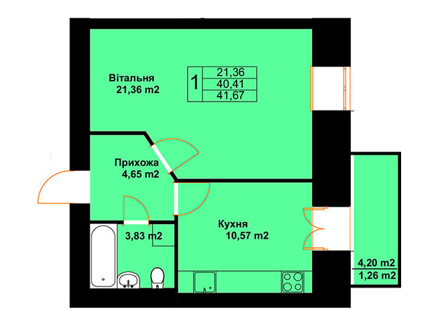 ЖК Бавария: планировка 1-комнатной квартиры 41.67 м²