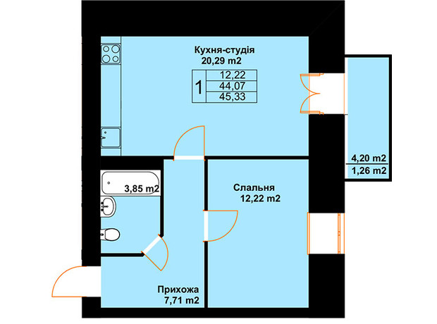 ЖК Баварія: планування 1-кімнатної квартири 45.33 м²