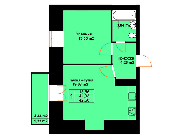 ЖК Бавария: планировка 1-комнатной квартиры 42.66 м²