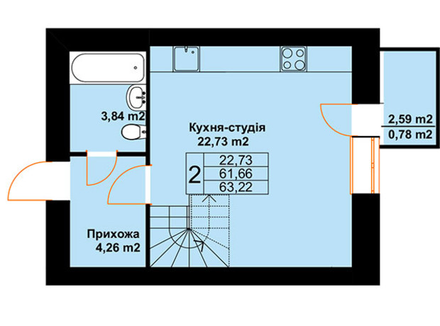 ЖК Баварія: планування 2-кімнатної квартири 63.22 м²