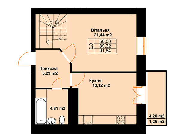 ЖК Бавария: планировка 3-комнатной квартиры 91.84 м²
