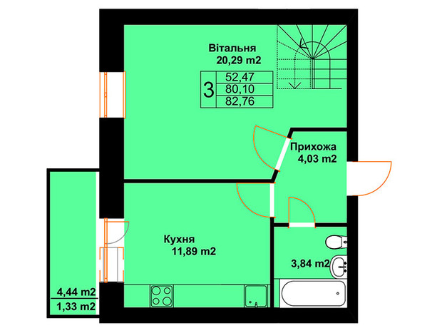 ЖК Баварія: планування 3-кімнатної квартири 82.76 м²