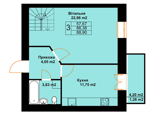 ЖК Бавария: планировка 3-комнатной квартиры 88.9 м²