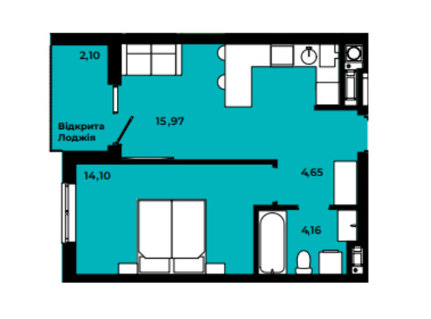 ЖК Continent style : планировка 1-комнатной квартиры 40.98 м²