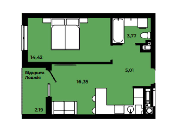 ЖК Continent style : планировка 1-комнатной квартиры 41.74 м²