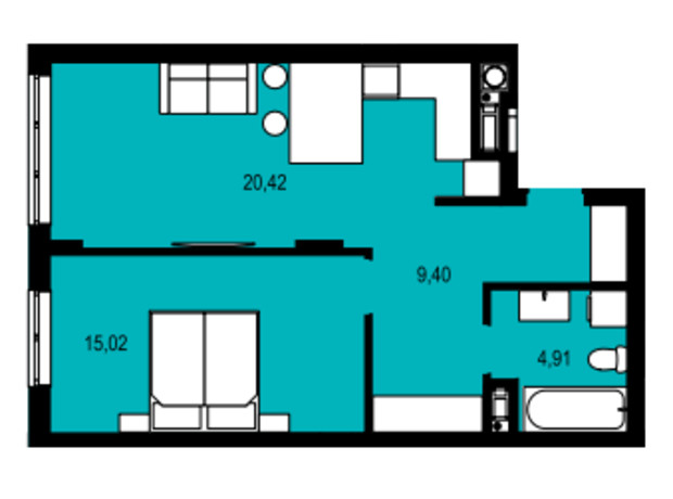 ЖК Continent style : планування 1-кімнатної квартири 49.85 м²