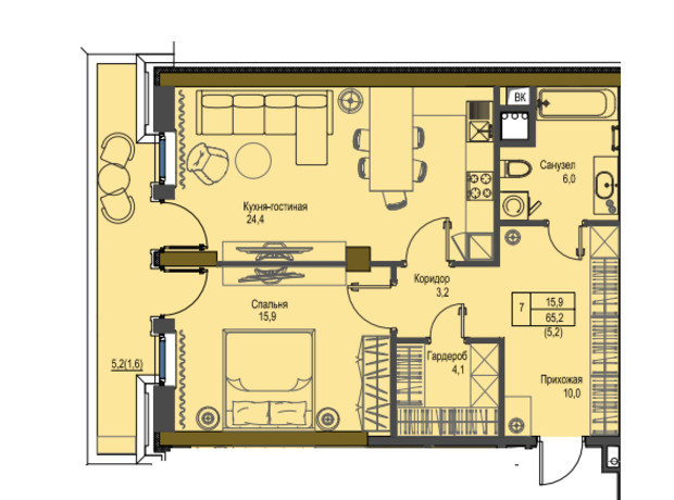 ЖК Первый Французский: планировка 1-комнатной квартиры 65.2 м²