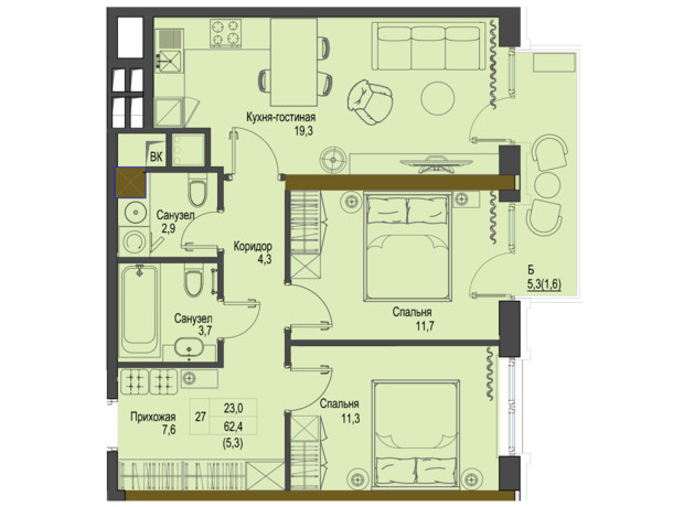 ЖК Перший Французький: планування 2-кімнатної квартири 62.4 м²