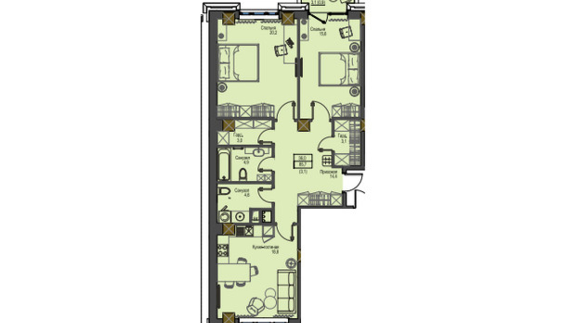 Планування 2-кімнатної квартири в ЖК Перший Французький 85.2 м², фото 609736