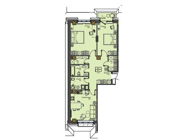 ЖК Первый Французский: планировка 2-комнатной квартиры 85.2 м²