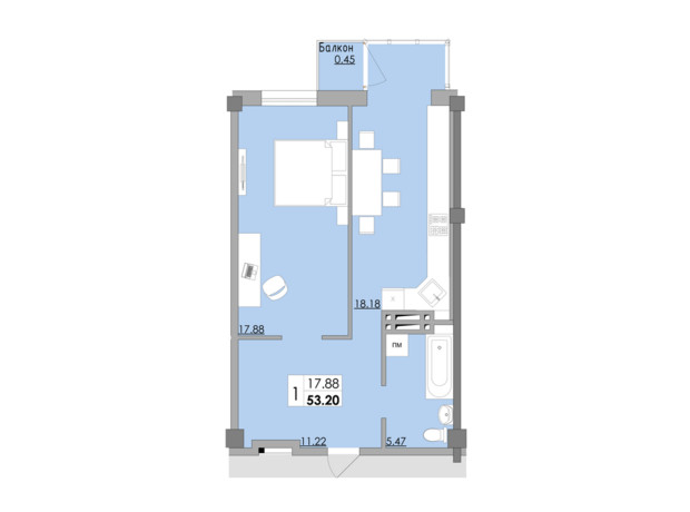 ЖК Місто Мрій: планировка 1-комнатной квартиры 53.2 м²