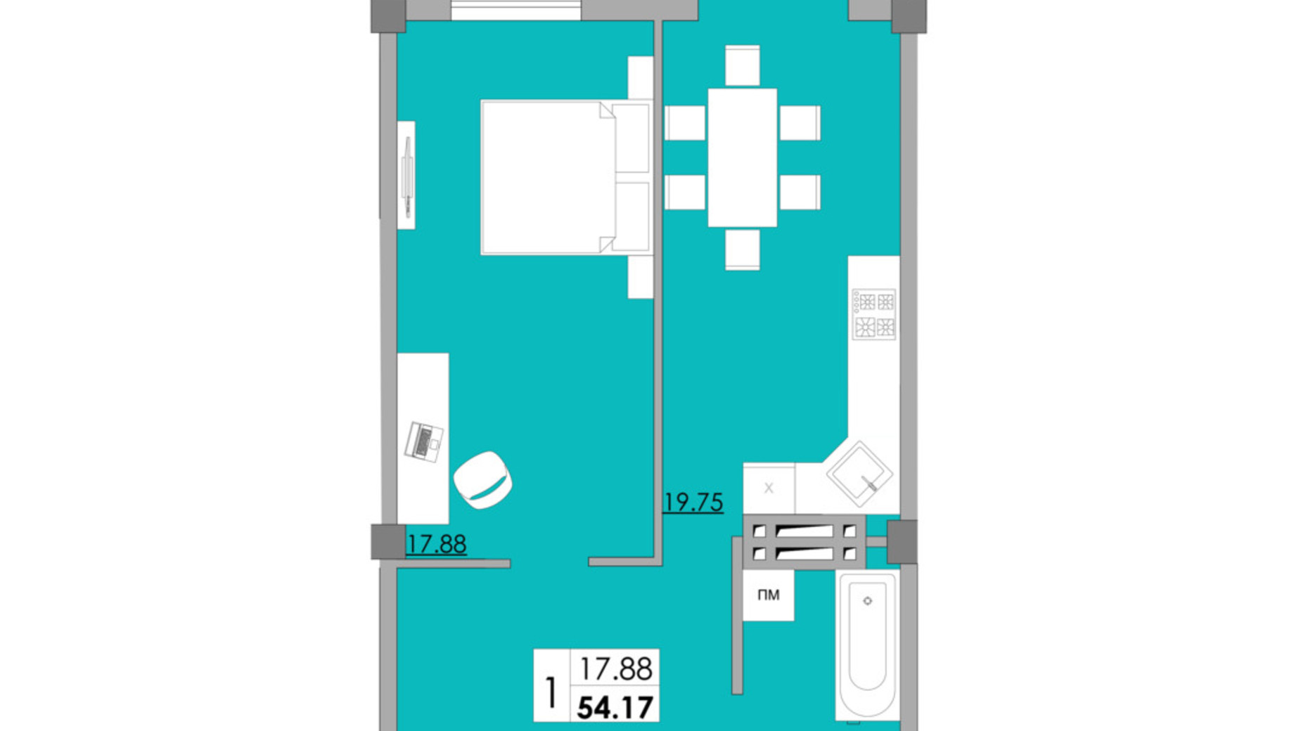Планування 1-кімнатної квартири в ЖК Місто Мрій 54.17 м², фото 609738