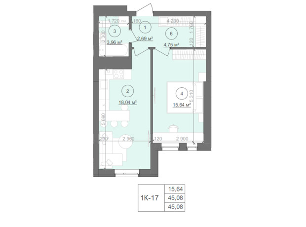 ЖК Well Home: планировка 1-комнатной квартиры 45.08 м²