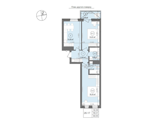 ЖК Well Home: планировка 2-комнатной квартиры 60.55 м²