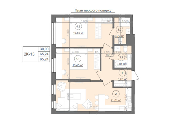 ЖК Well Home: планировка 2-комнатной квартиры 65.24 м²