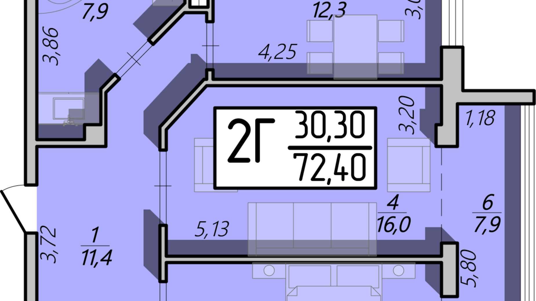 Планування 2-кімнатної квартири в ЖК Арена 72.4 м², фото 60985