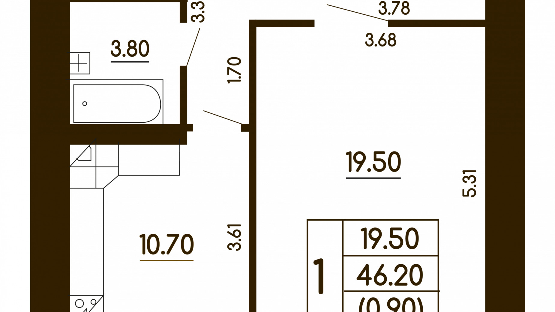 Планировка 1-комнатной квартиры в ЖК Чайка 46.2 м², фото 609883