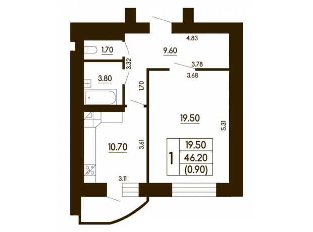 ЖК Чайка: планировка 1-комнатной квартиры 46.2 м²