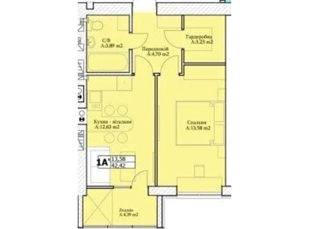 ЖК GL Club: планування 1-кімнатної квартири 42 м²