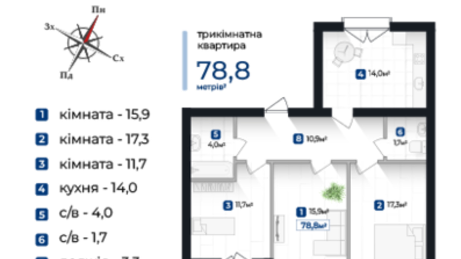 Планировка 3-комнатной квартиры в ЖК Козацкий 78.8 м², фото 610082