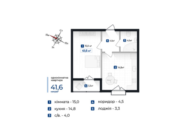 ЖК Козацький: планування 1-кімнатної квартири 41.6 м²
