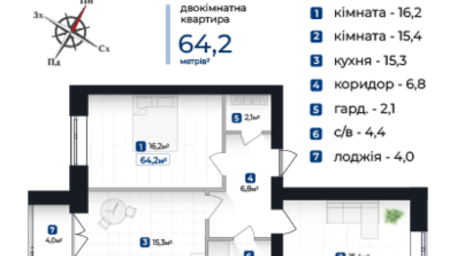 Планування 2-кімнатної квартири в ЖК Козацький 64.2 м², фото 610239