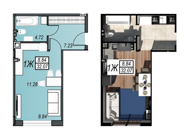 ЖК Sunrise City: планировка 1-комнатной квартиры 31.95 м²