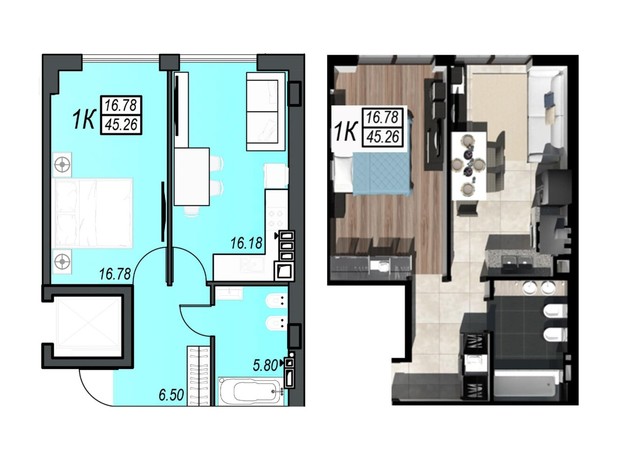 ЖК Sunrise City: планировка 1-комнатной квартиры 45.26 м²