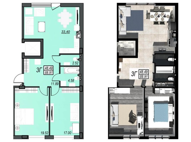 ЖК Sunrise City: вільне планування квартири 88.91 м²