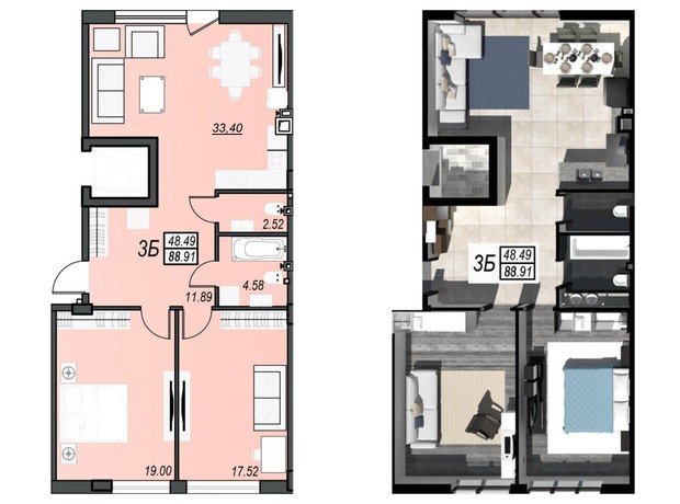 ЖК Sunrise City: вільне планування квартири 88.91 м²