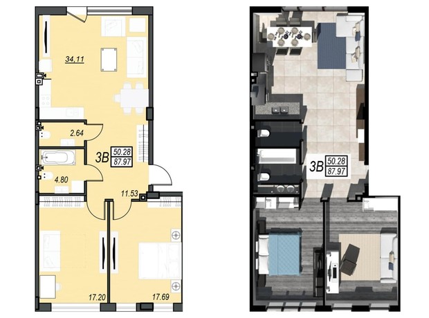 ЖК Sunrise City: свободная планировка квартиры 87.97 м²