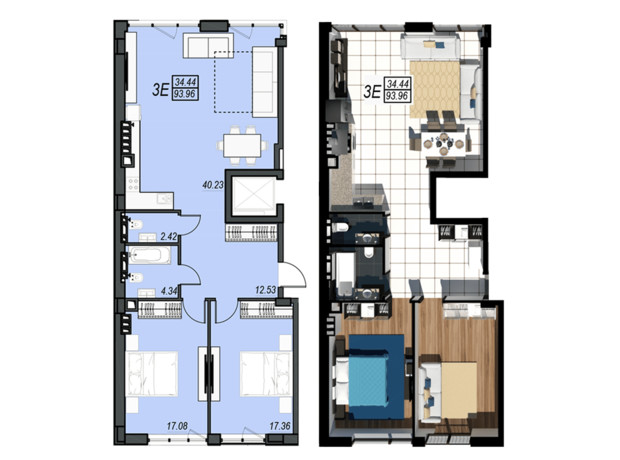 ЖК Sunrise City: планування 3-кімнатної квартири 93.96 м²