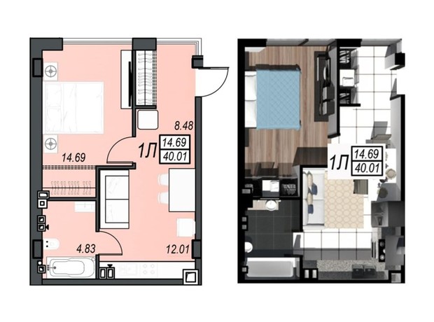 ЖК Sunrise City: планування 1-кімнатної квартири 39.66 м²