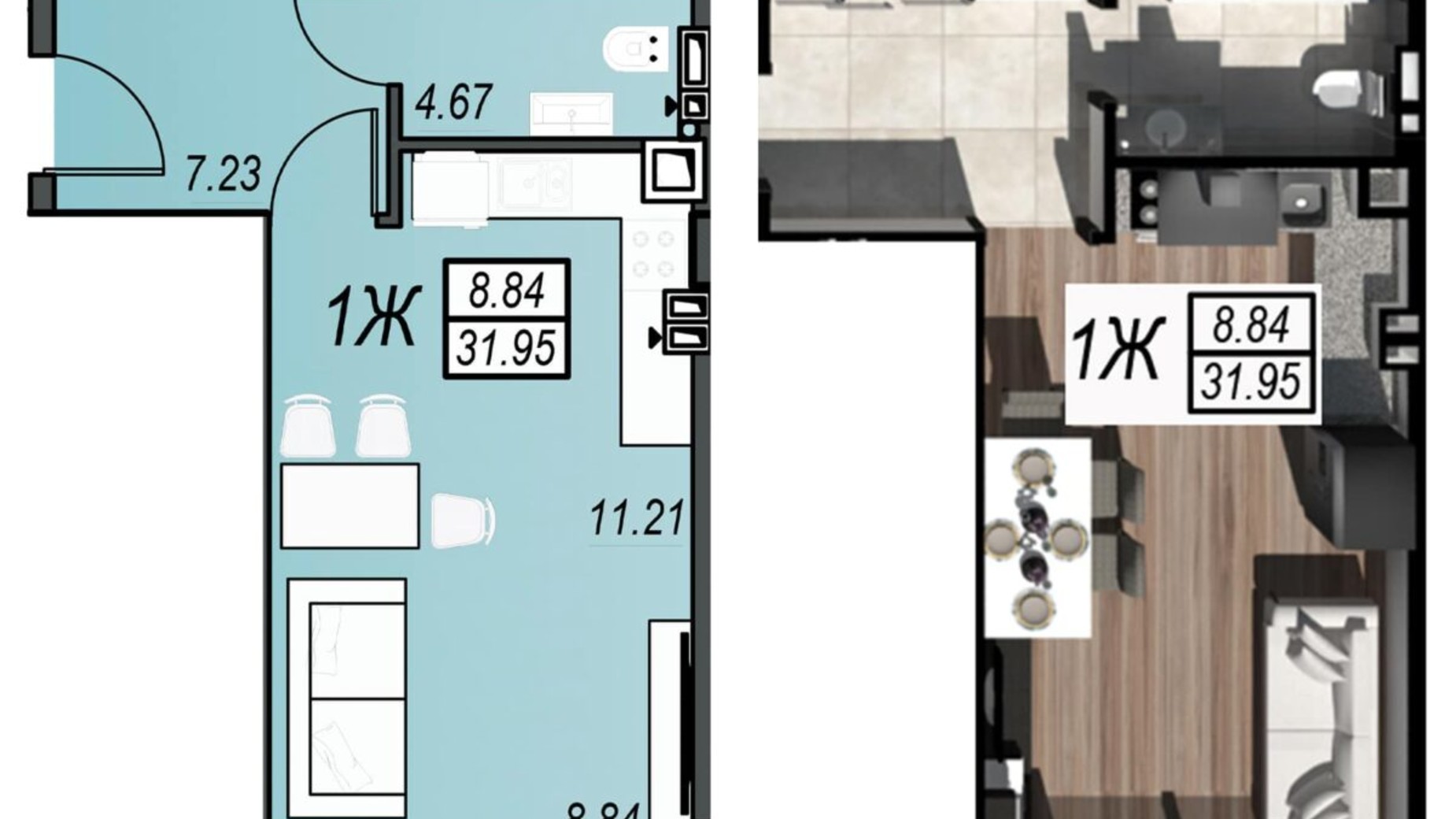 Планування 1-кімнатної квартири в ЖК Sunrise City 31.95 м², фото 610490