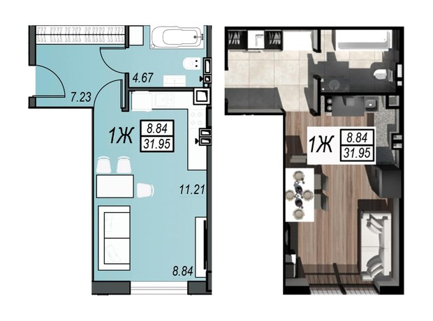 ЖК Sunrise City: планування 1-кімнатної квартири 31.95 м²