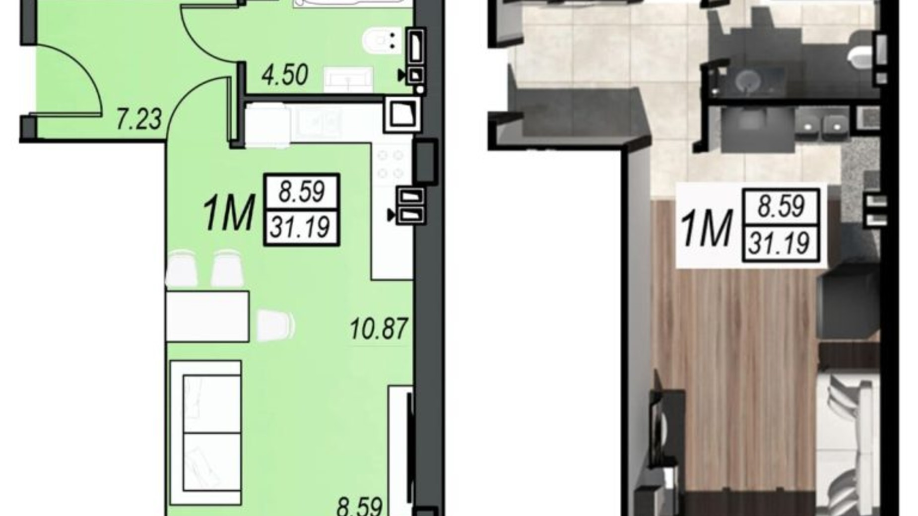 Планування смарт квартири в ЖК Sunrise City 31.19 м², фото 610497