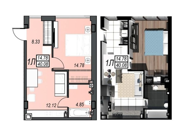 ЖК Sunrise City: планировка 1-комнатной квартиры 40.08 м²