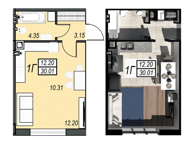 ЖК Sunrise City: планировка 1-комнатной квартиры 30.01 м²