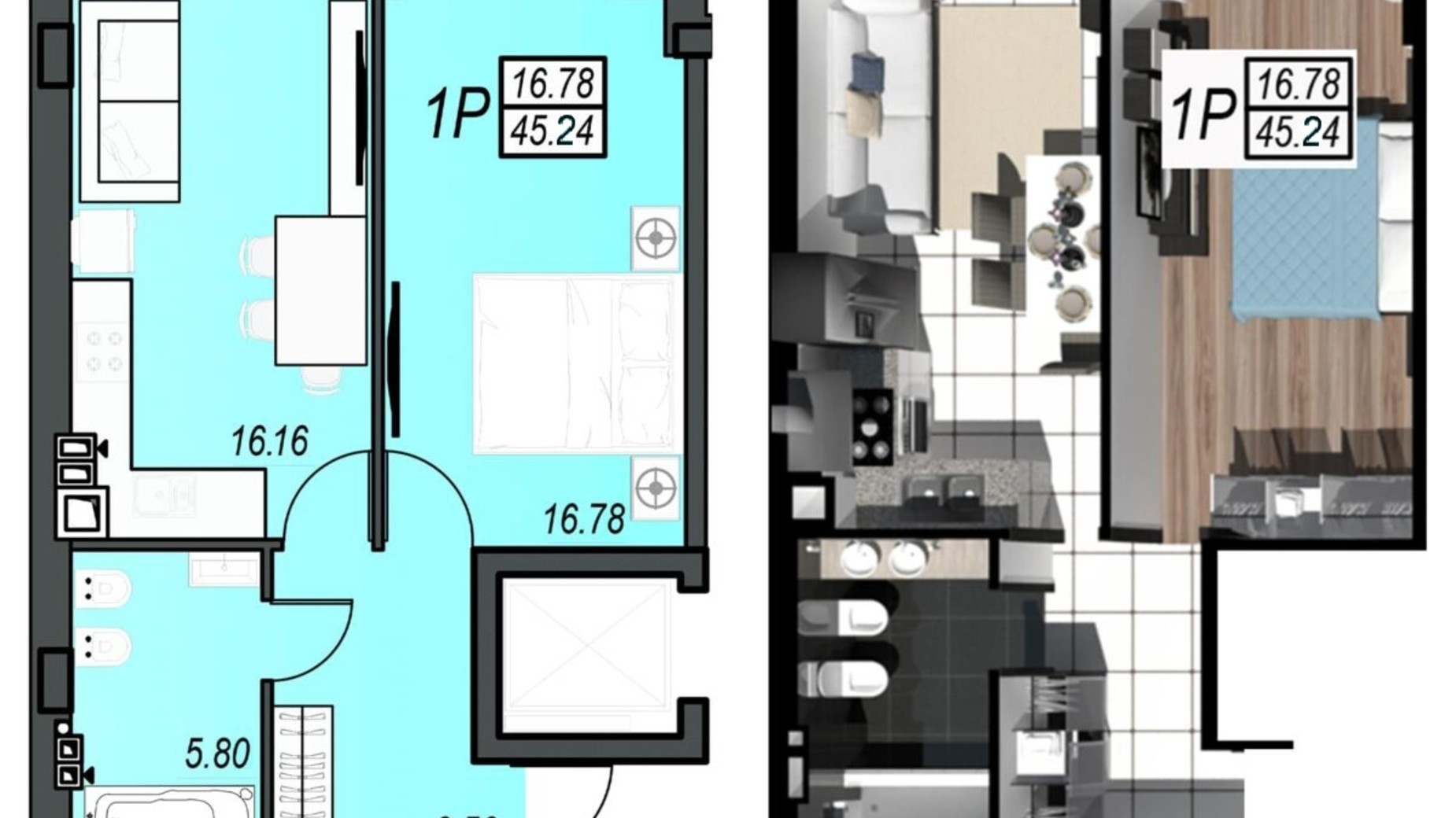 Планування 1-кімнатної квартири в ЖК Sunrise City 45.34 м², фото 610500