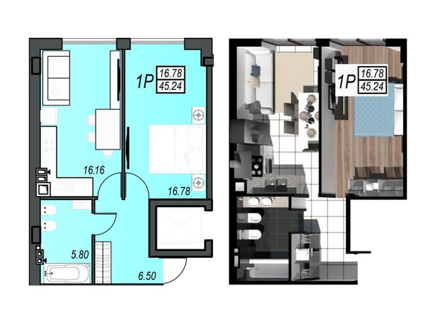 ЖК Sunrise City: планировка 1-комнатной квартиры 45.34 м²