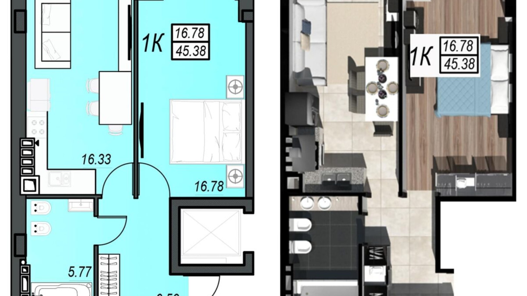 Планування 1-кімнатної квартири в ЖК Sunrise City 45.38 м², фото 610501